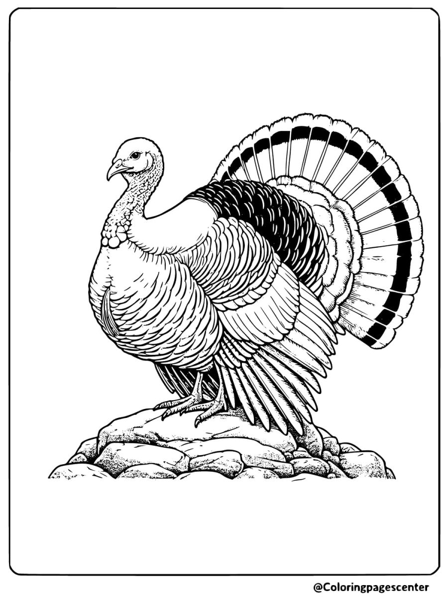 A realistic turkey standing on a rock coloring page