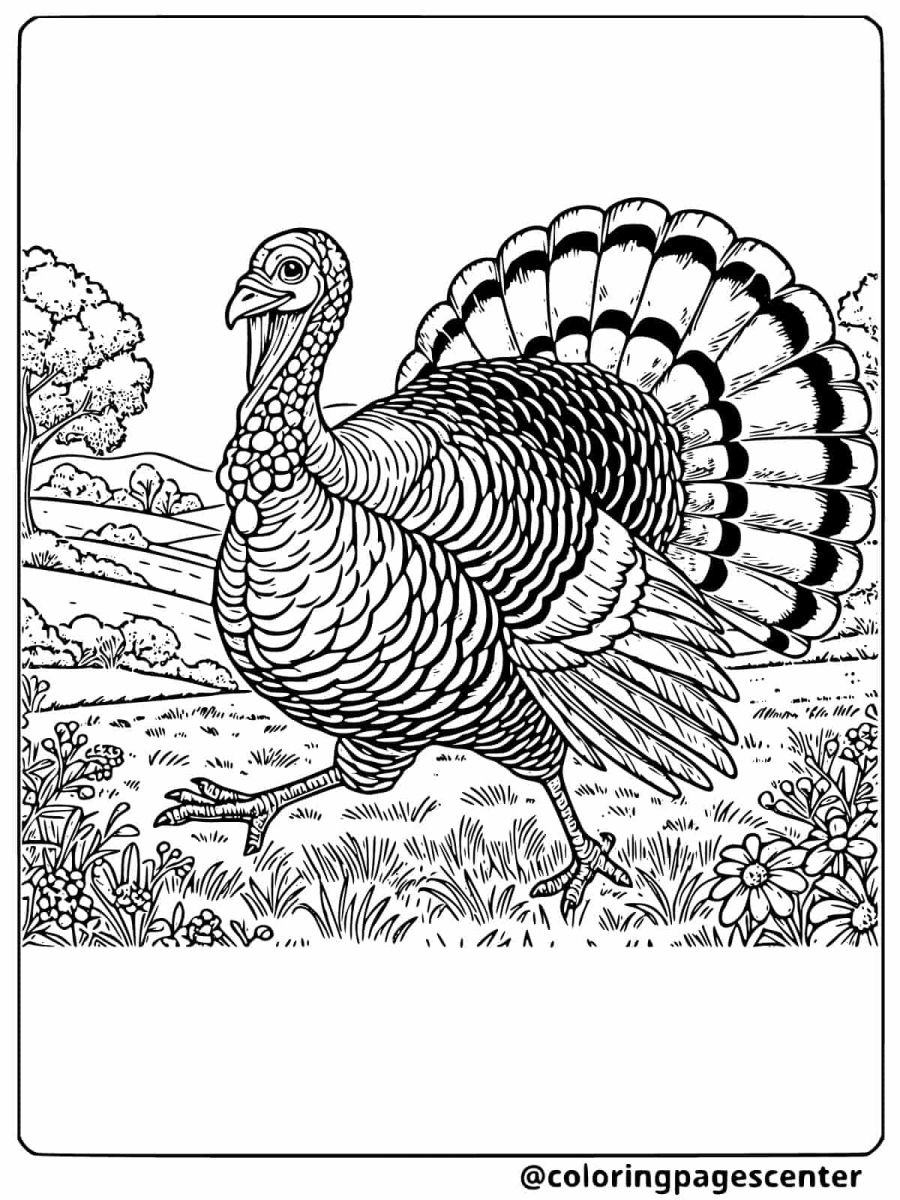 A realistic walking turkey in a scenic background coloring page