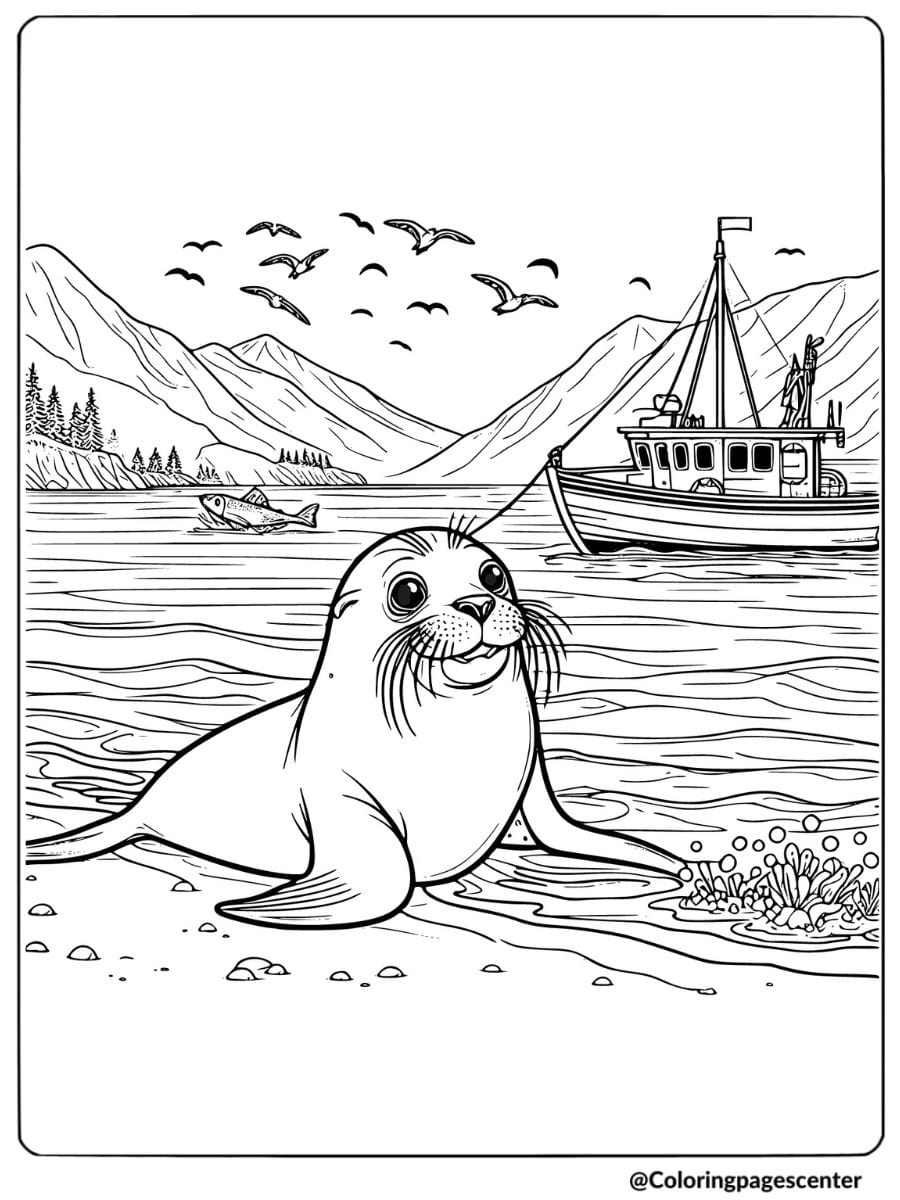 Coloring page of a sea lion on the shore with a boat