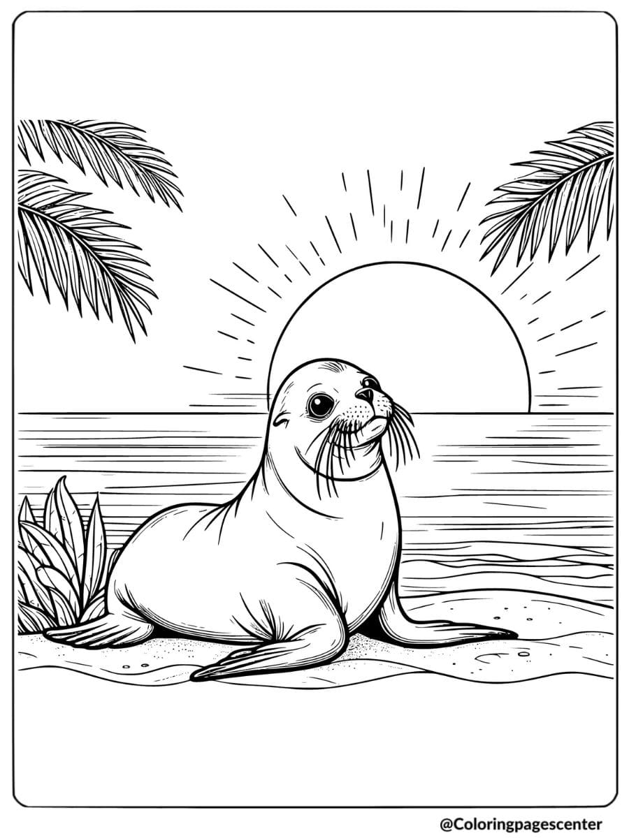 Coloring page of a sea lion sitting on the beach at sunset