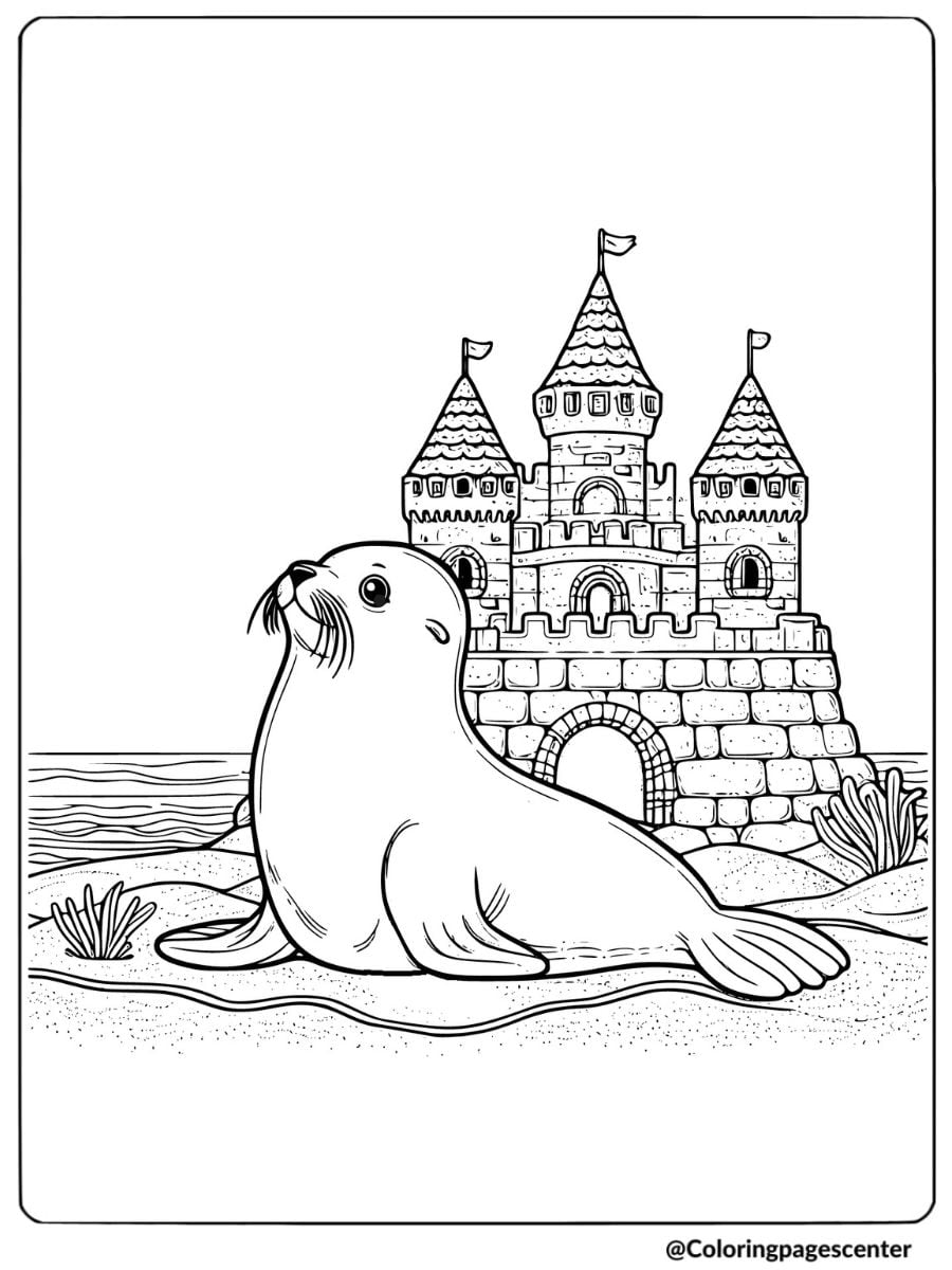 Coloring page of a sea lion sitting near a sandcastle