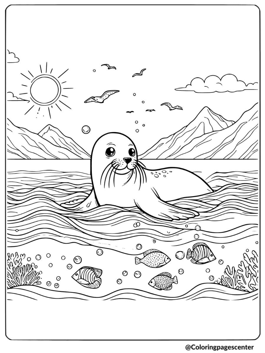 Coloring page of a sea lion swimming in the ocean with fish