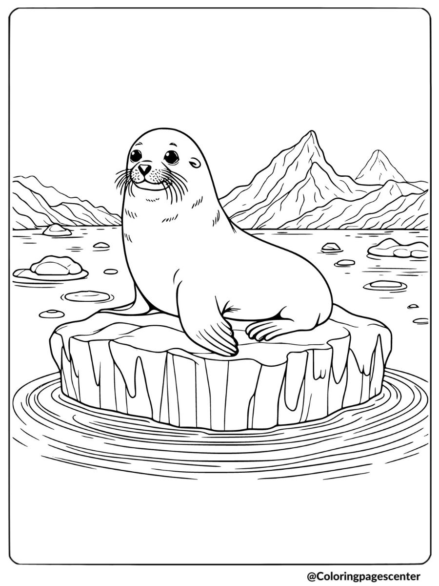 Coloring page of a sea lion sitting on an iceberg