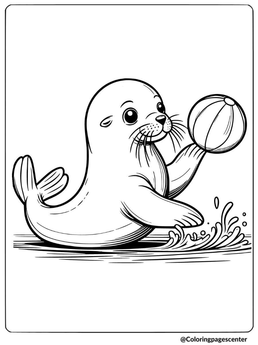 Coloring page of a sea lion playing with a ball in water