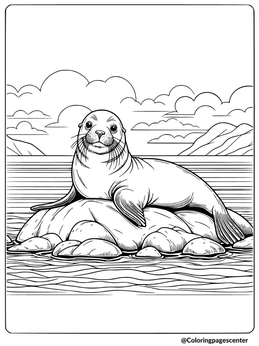 Coloring page of a sea lion lying on rocks in the ocean