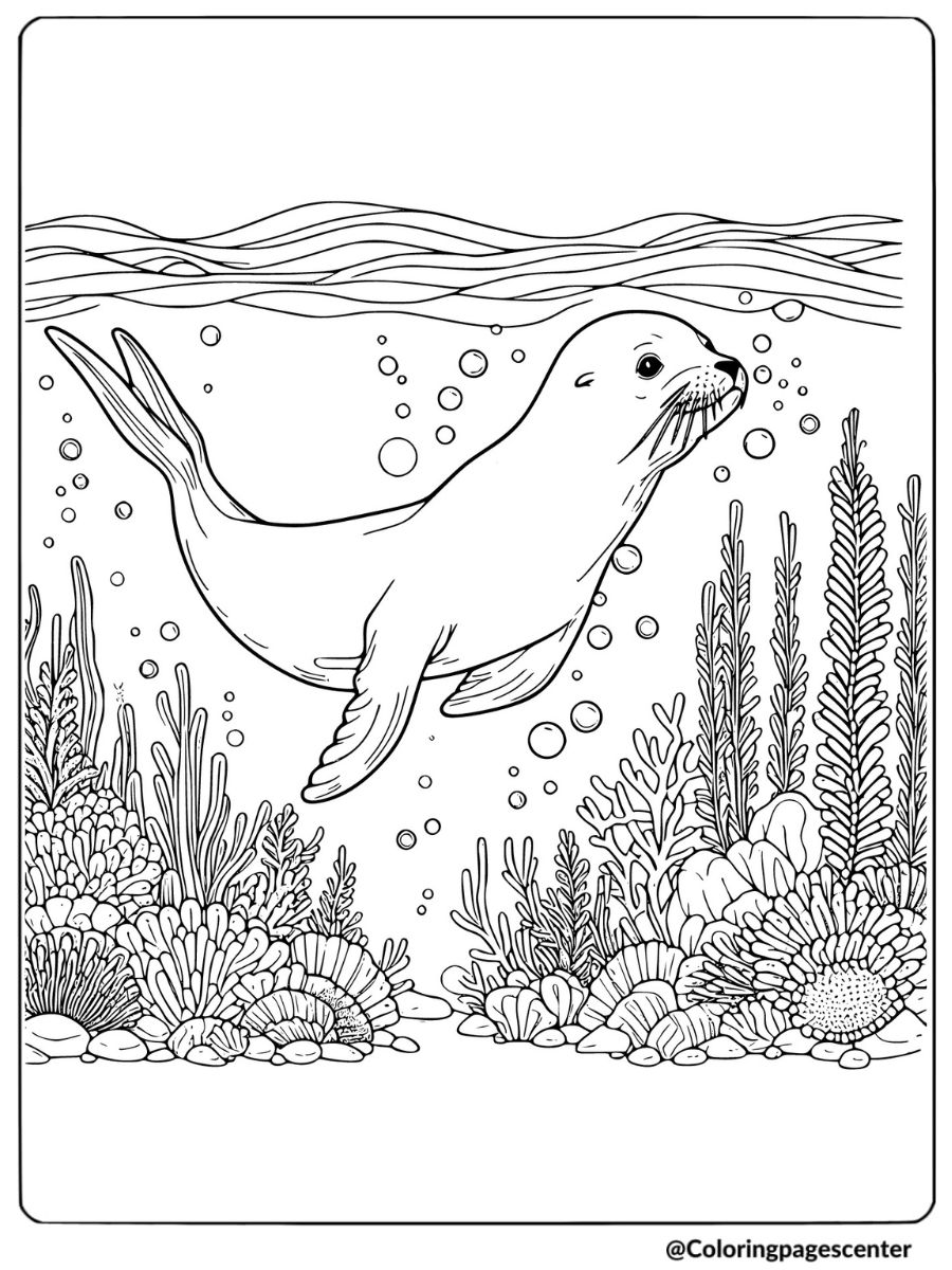 Coloring page of a sea lion underwater with coral