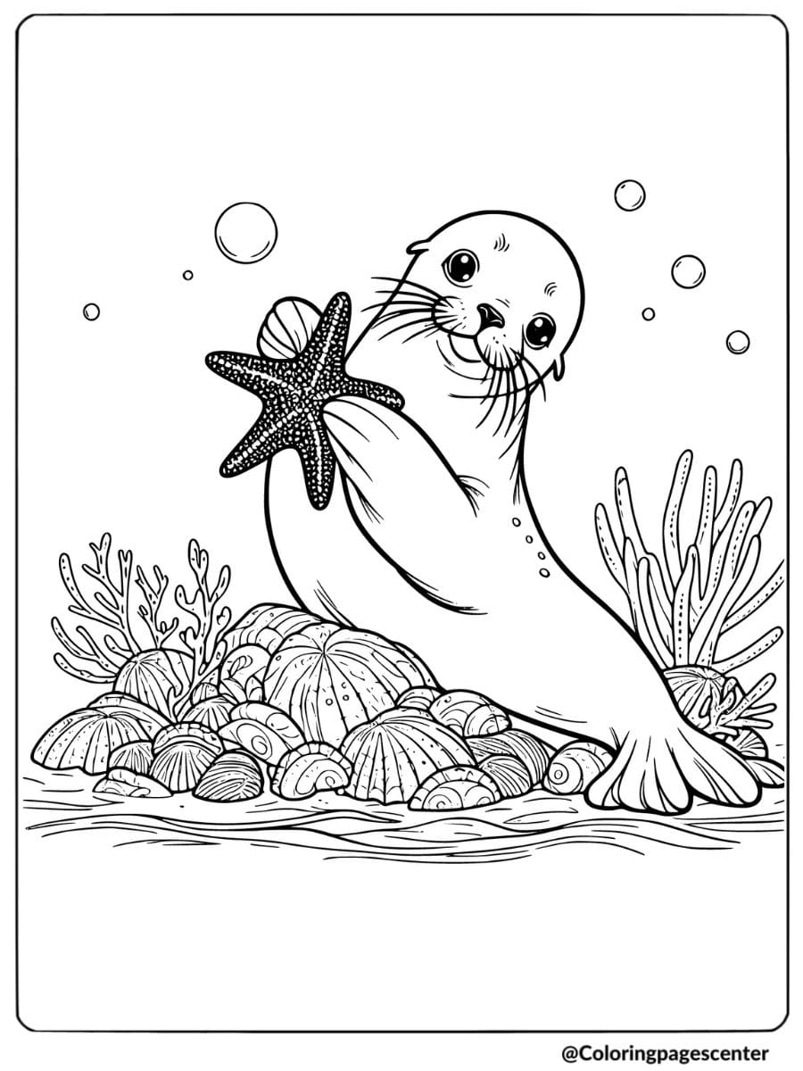 Coloring page of a sea lion holding a starfish underwater