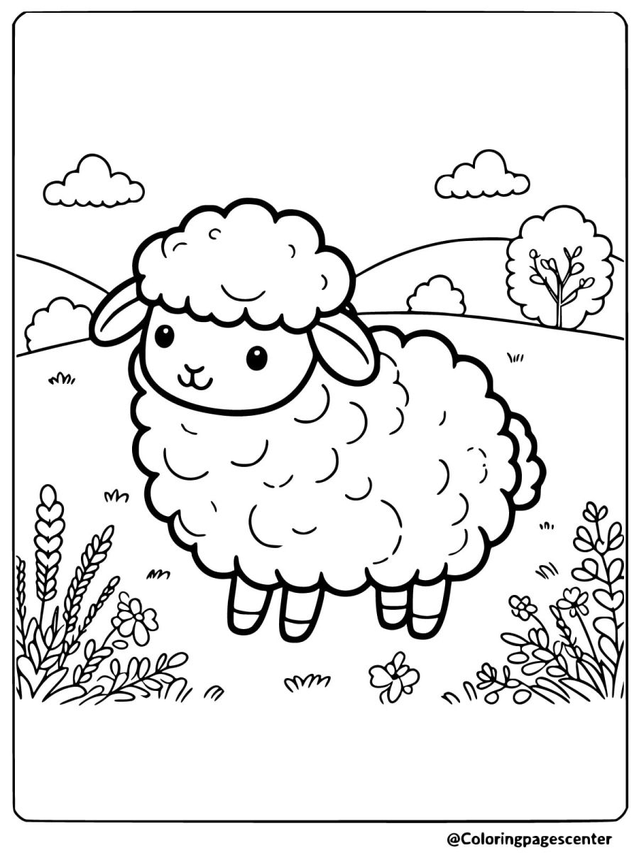 Coloring page of a sheep in a meadow with flowers