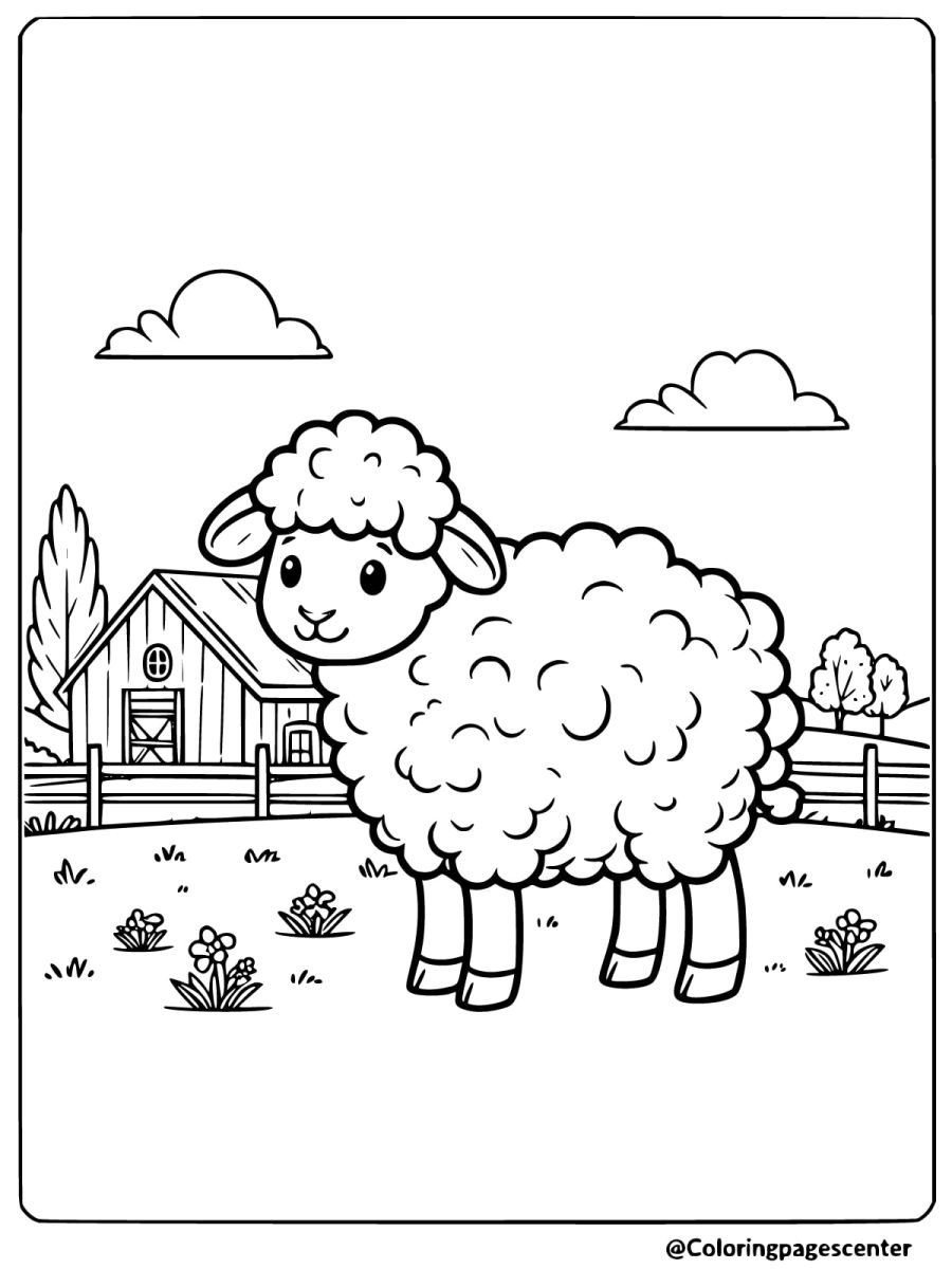 Sheep coloring page featuring a farm and barn