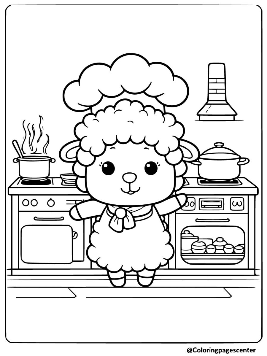 Coloring page of a sheep dressed as a chef in a kitchen