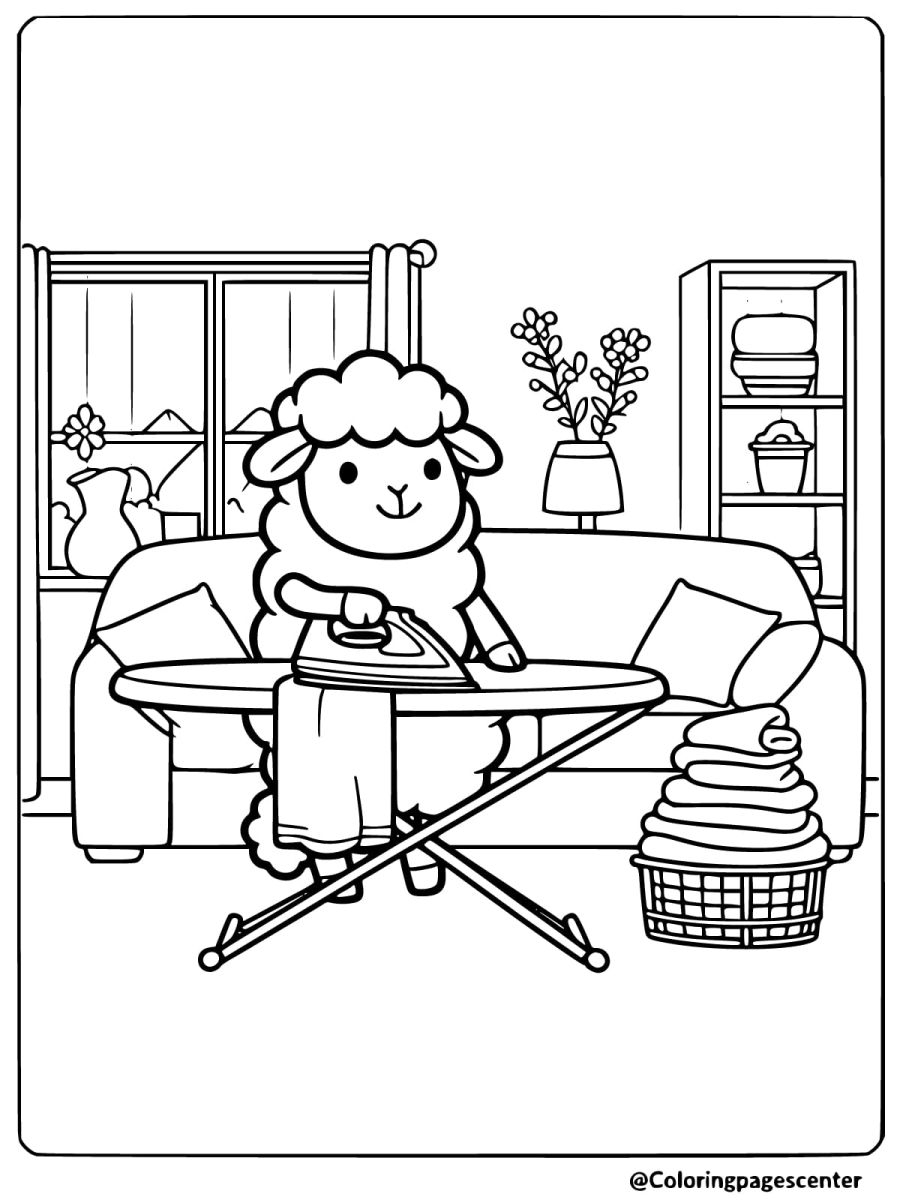 Coloring page of a sheep ironing clothes at home