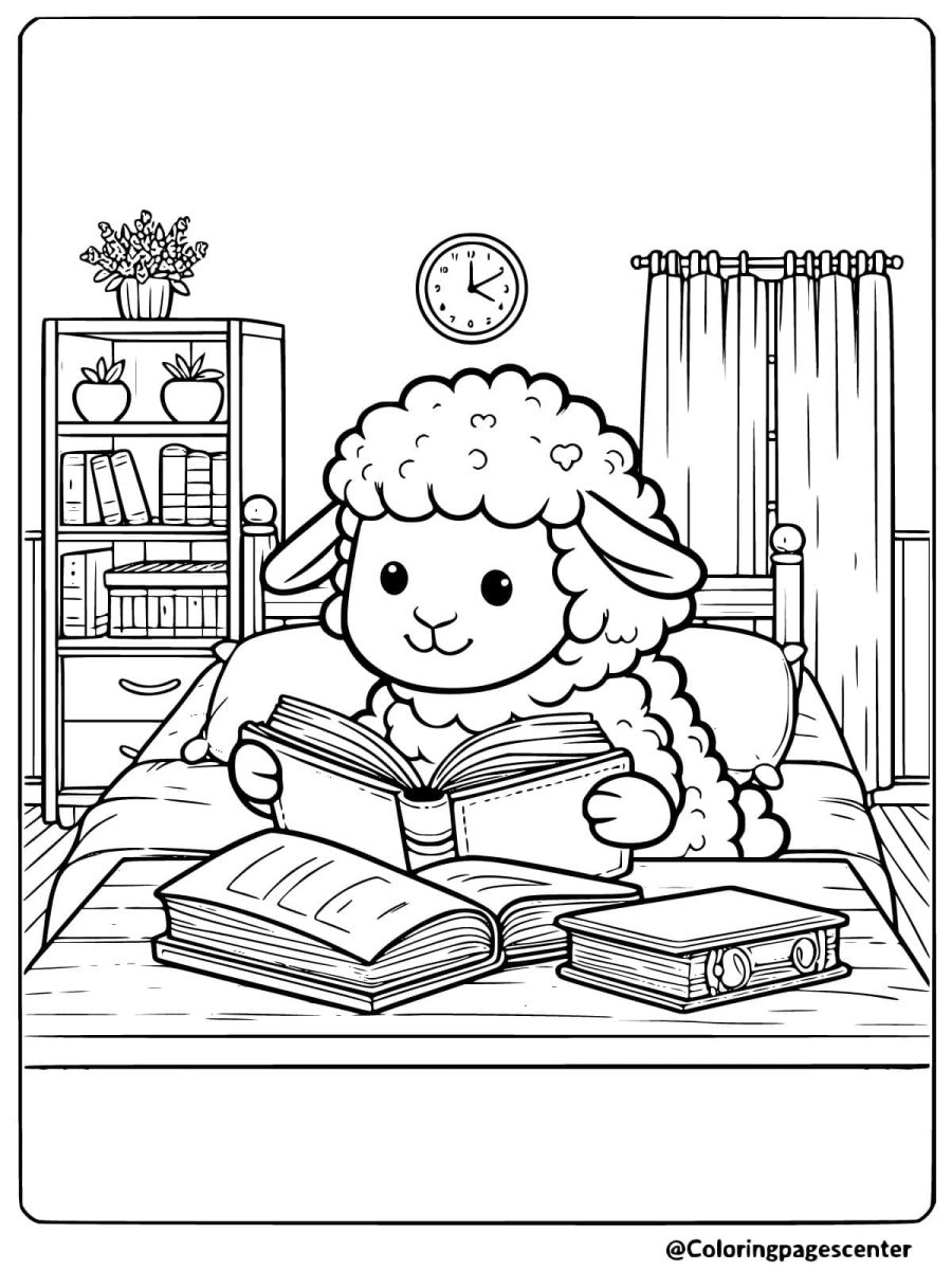 Coloring page of a sheep reading books in a cozy room