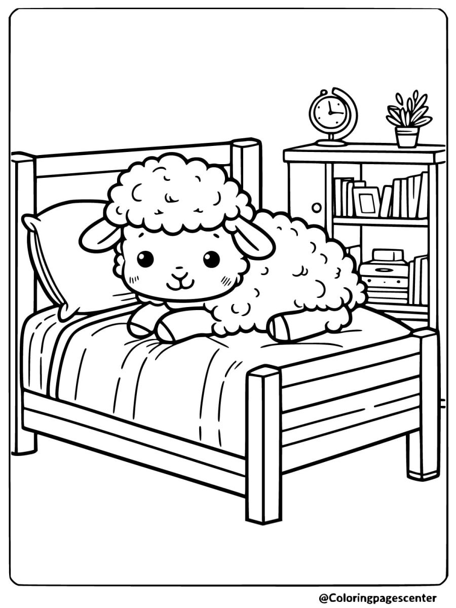 Coloring page of a sheep lying on a bed in a cozy bedroom