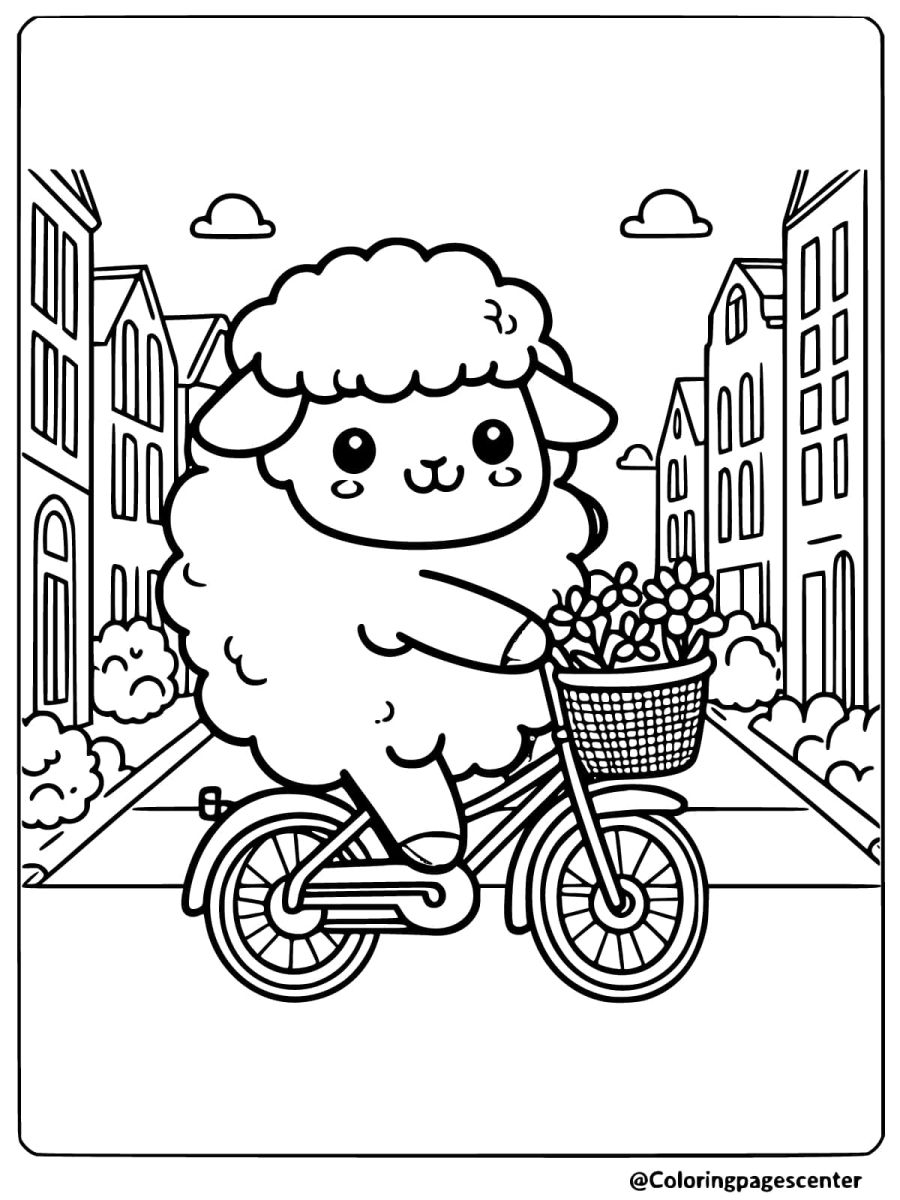 Coloring page of a sheep riding bicycle with flowers in basket