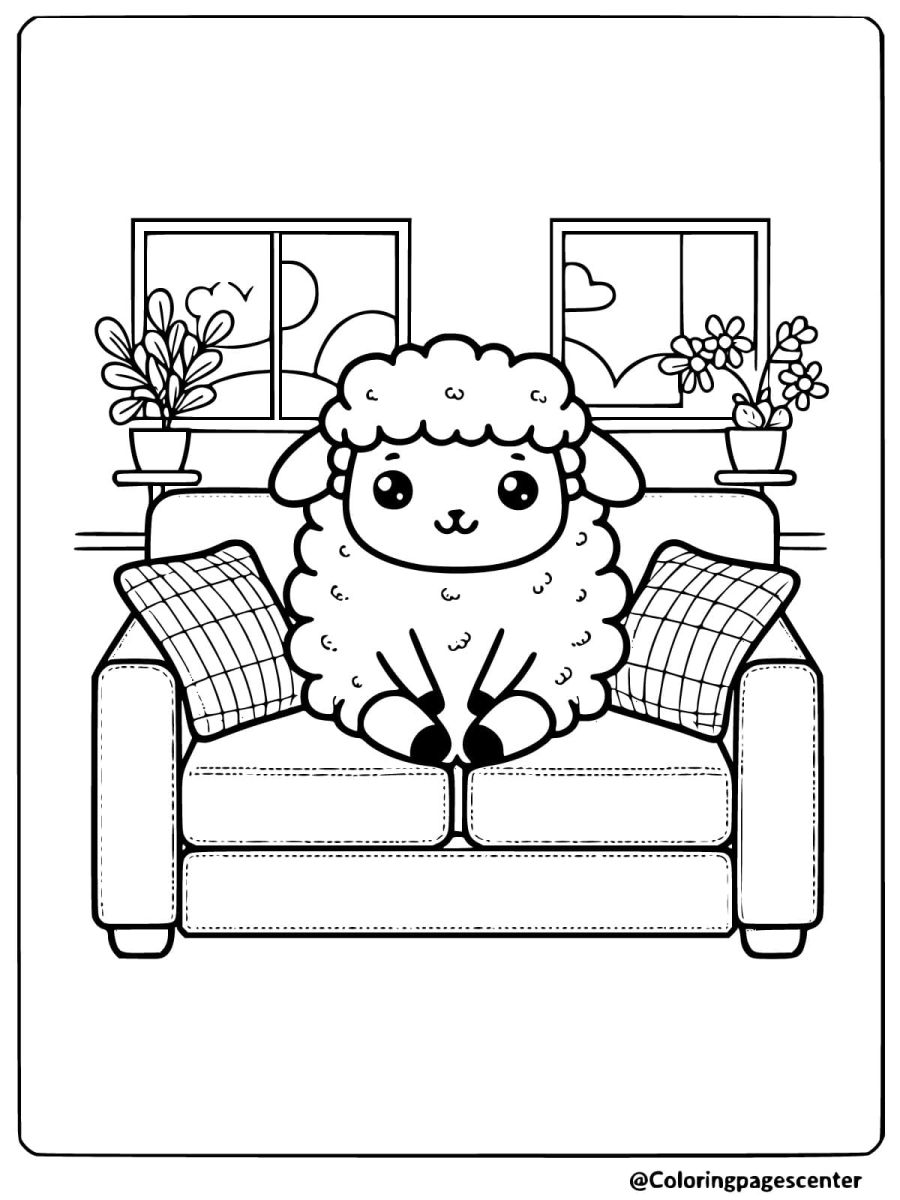 Coloring page of a sheep sitting comfortably on a sofa