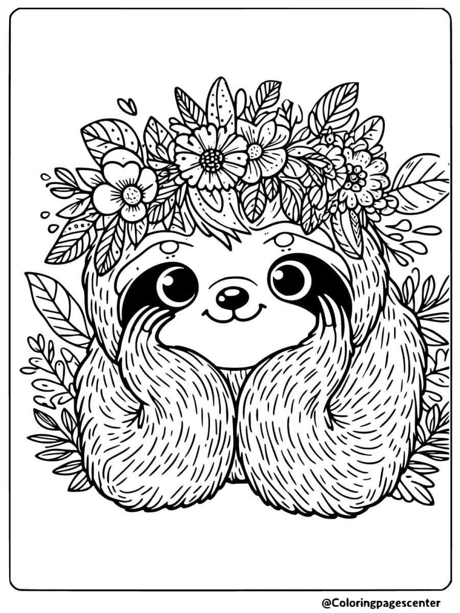 Adorable sloth with a floral crown coloring page