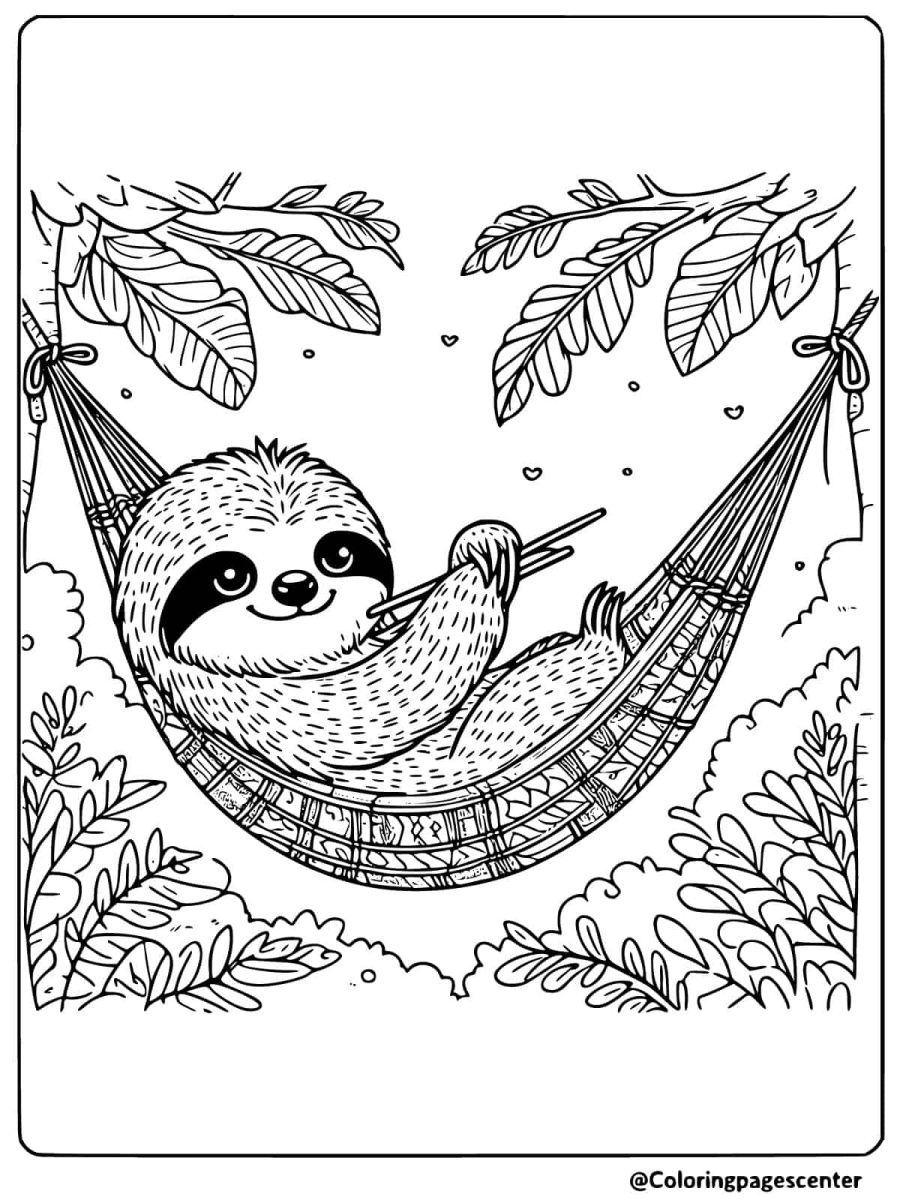 Sloth relaxing in a hammock coloring page