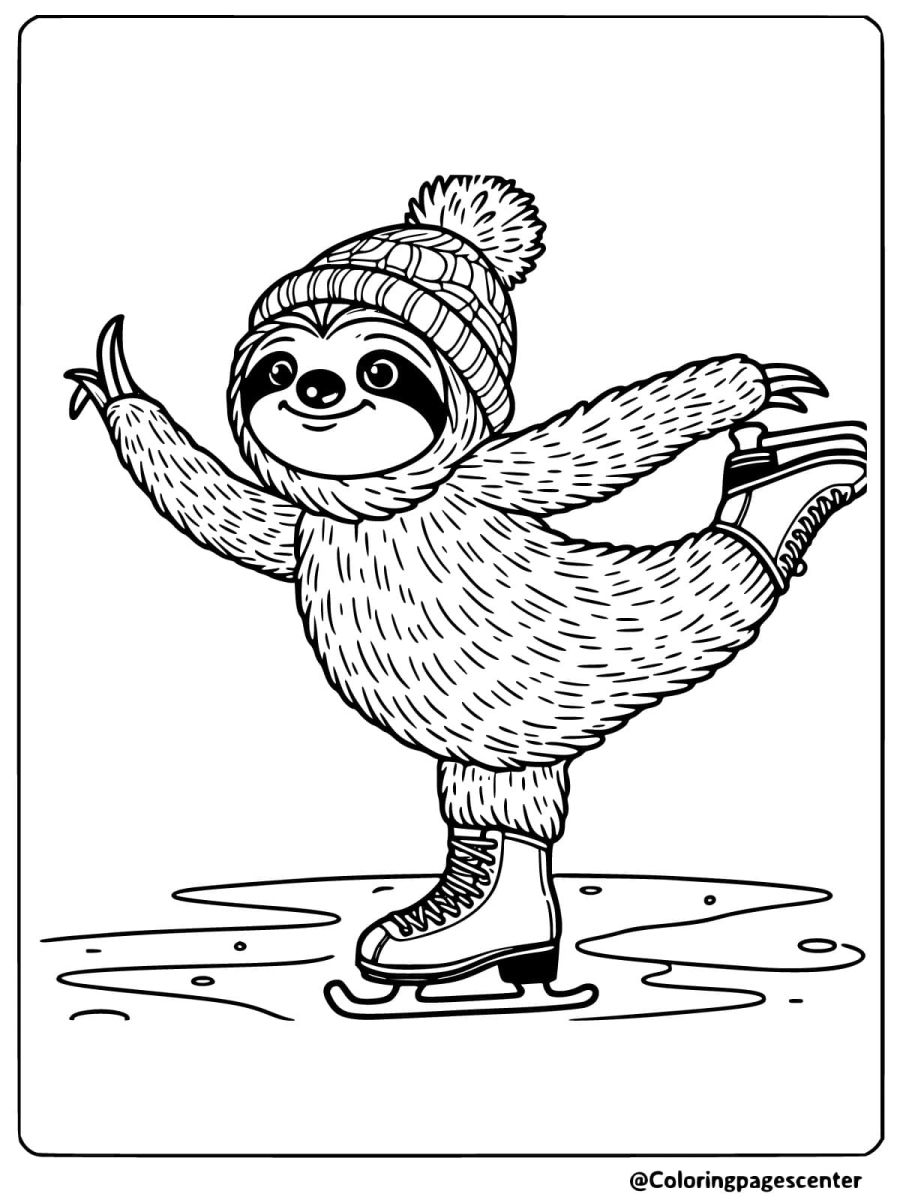 Sloth on ice skates wearing a beanie coloring page