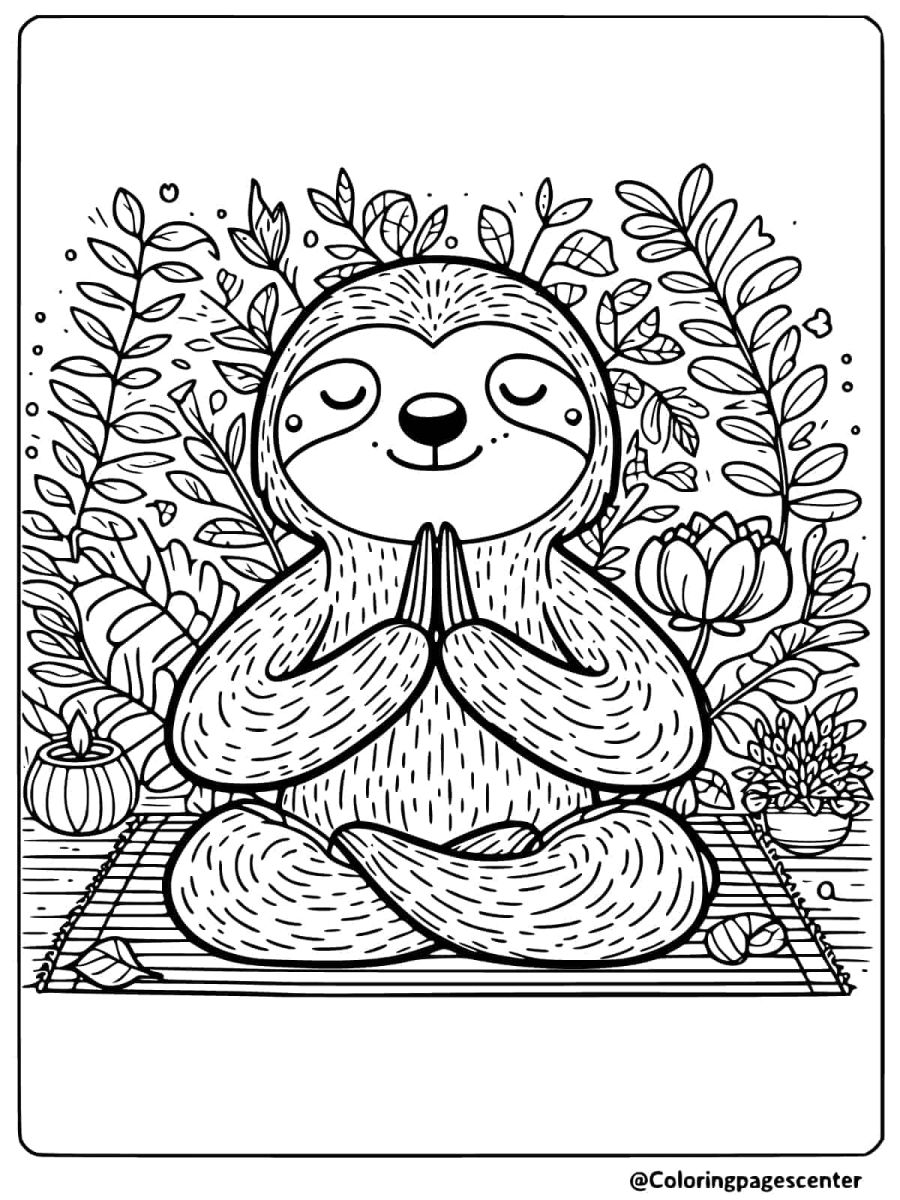 Sloth meditating with a serene expression coloring page