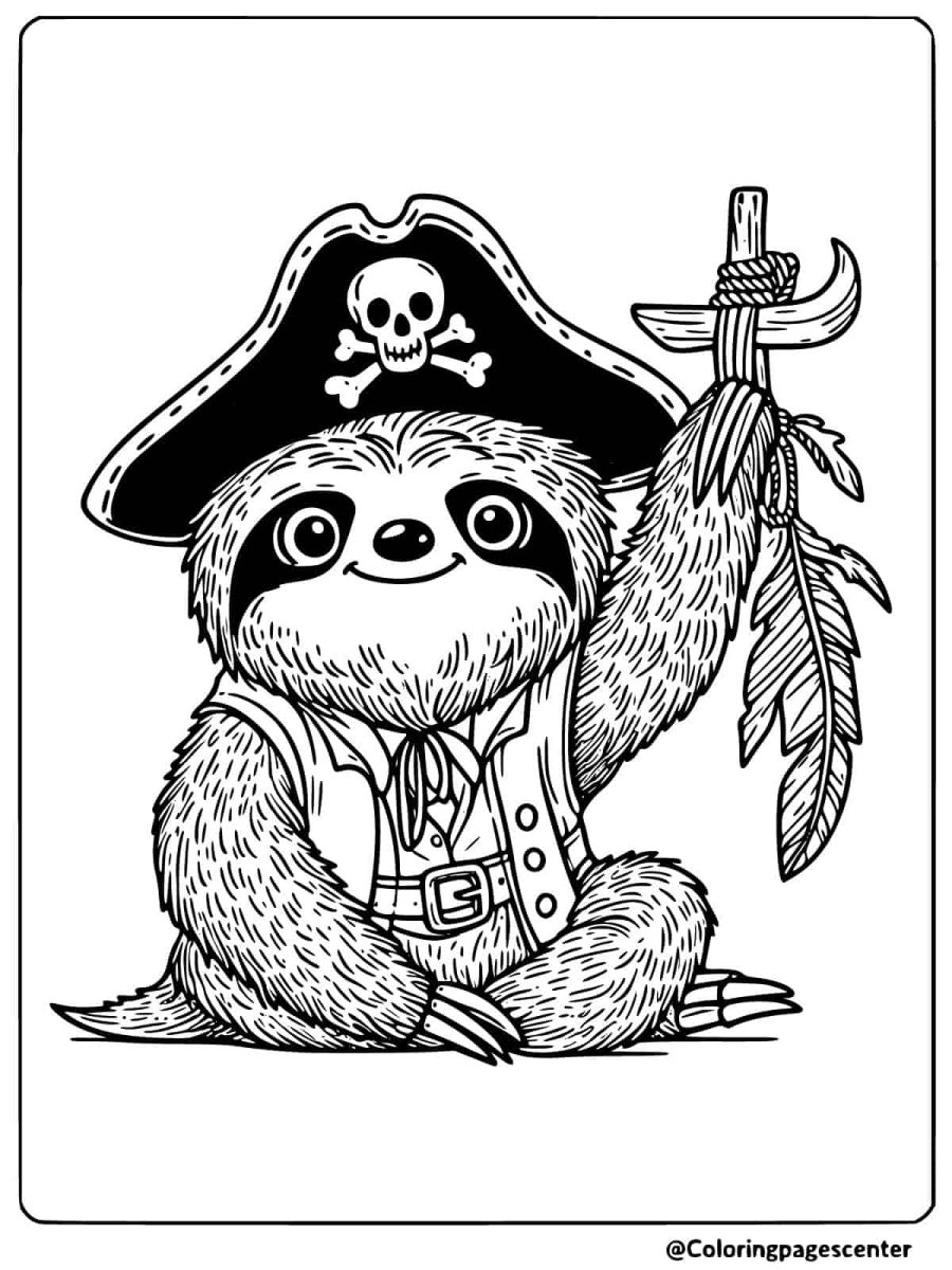 Sloth dressed as a pirate holding a feather coloring page