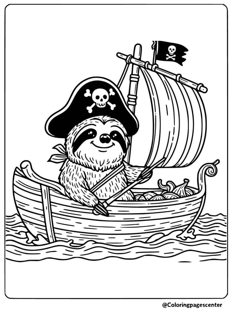 Sloth dressed as a pirate on a boat coloring page