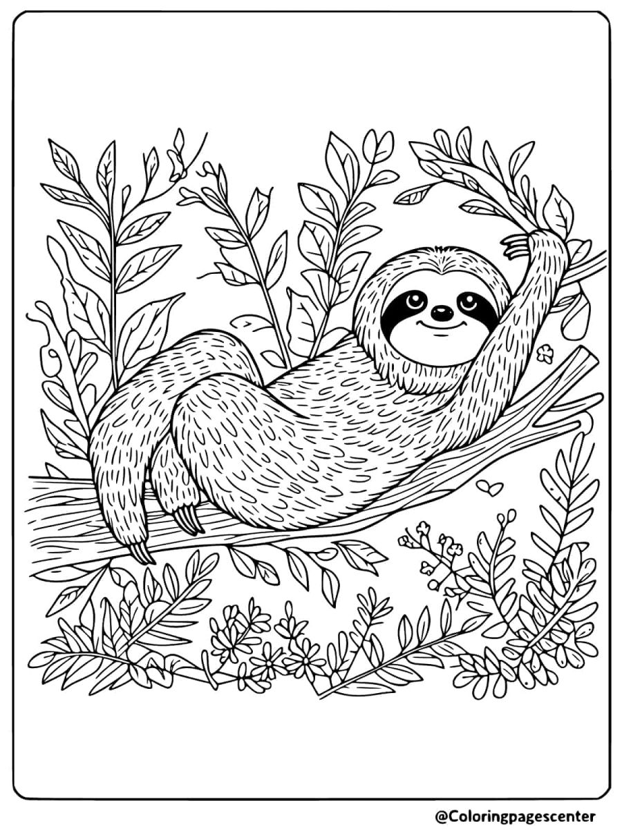 Sloth lounging on a tree branch coloring page