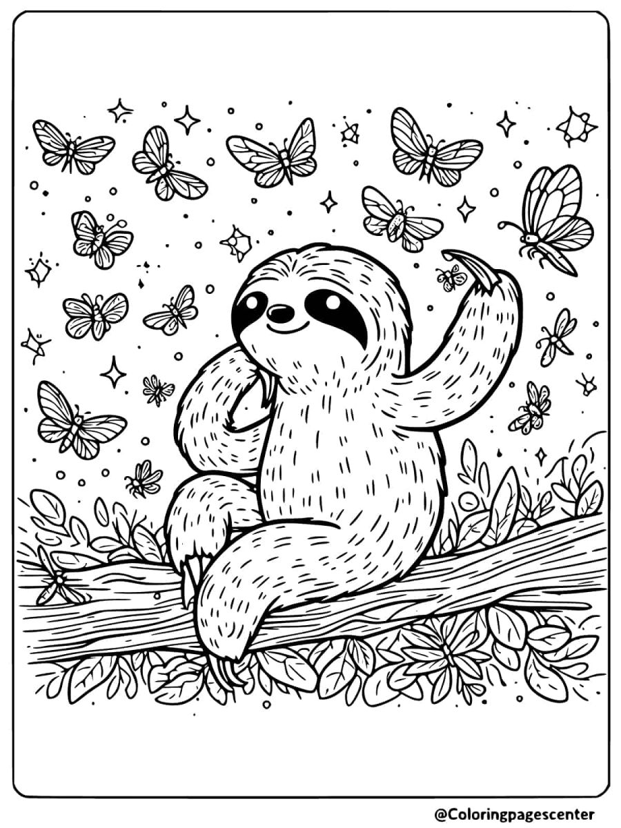 Sloth surrounded by butterflies on a branch coloring page