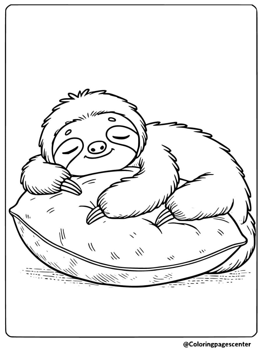 Sloth sleeping comfortably on a pillow coloring page