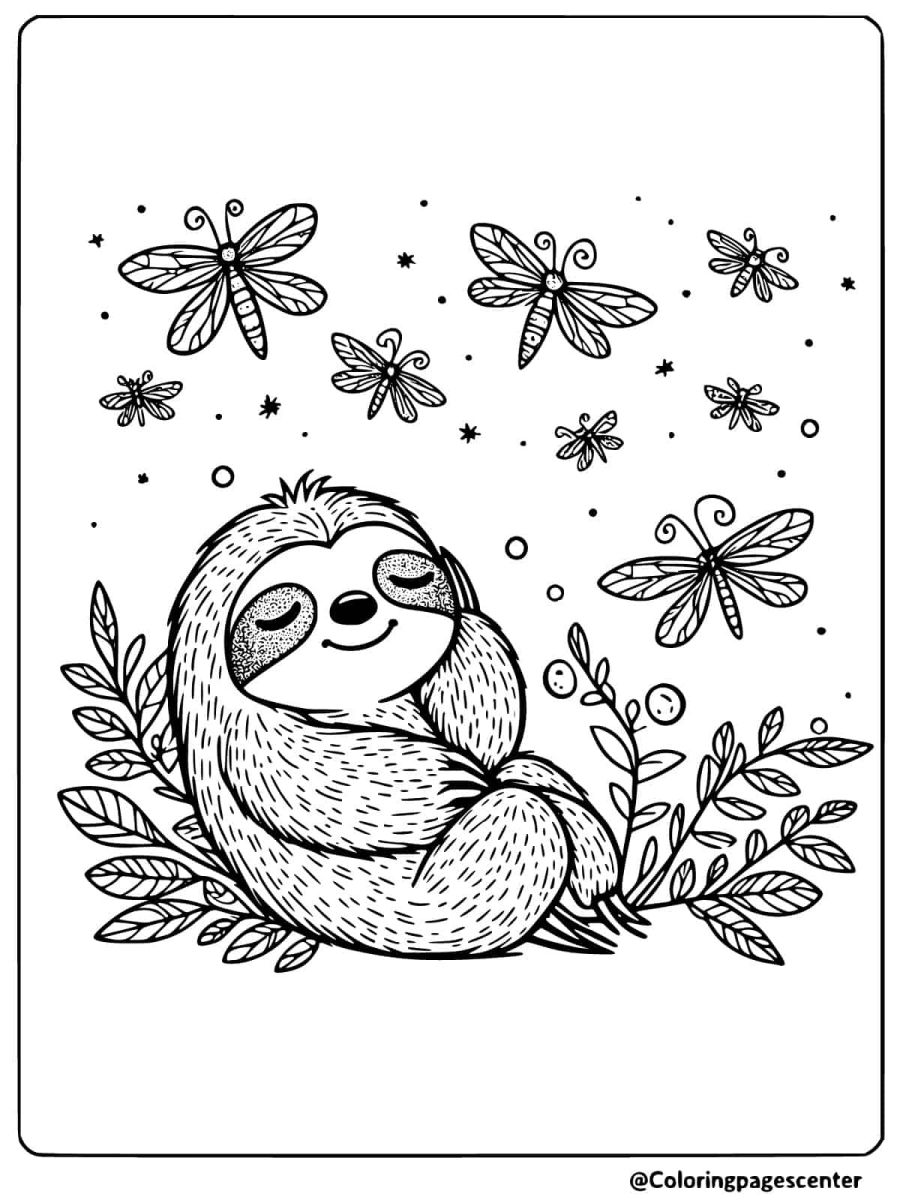 Sloth surrounded by butterflies coloring page