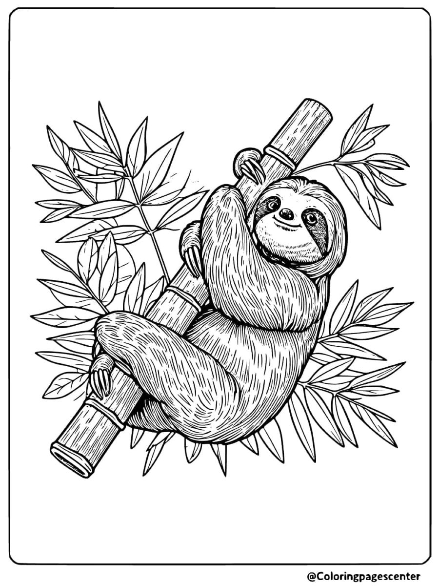 Sloth climbing a bamboo stalk coloring page