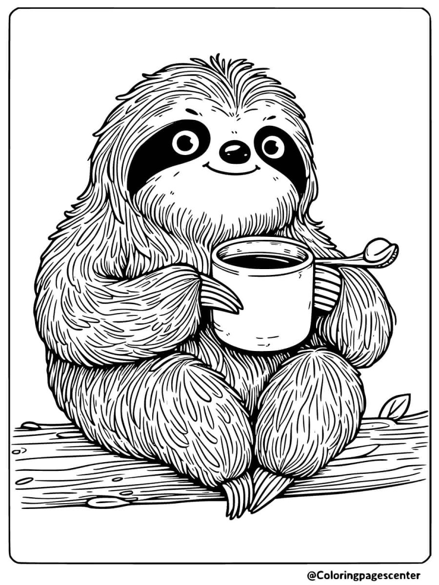 Sloth enjoying a cup of coffee coloring page