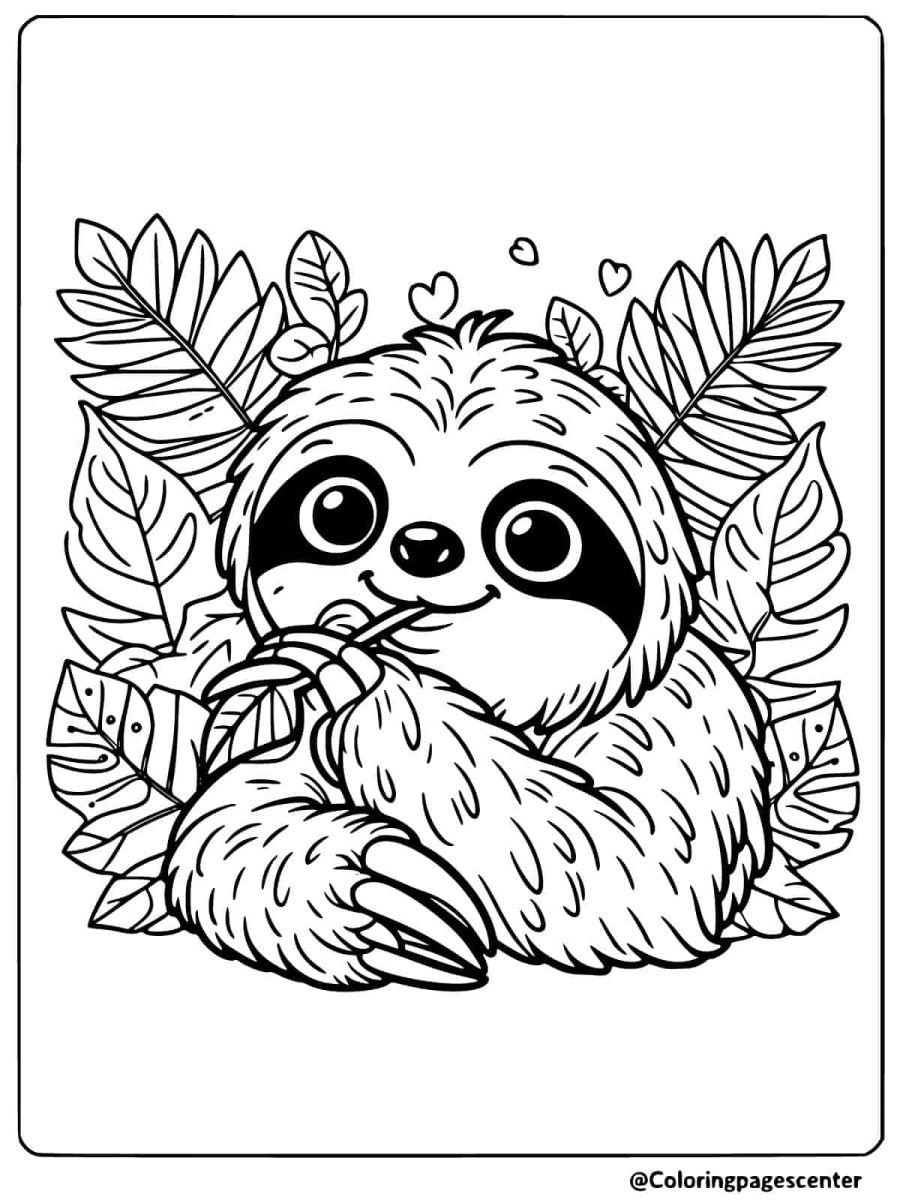 Sloth eating a leaf with a happy expression coloring page