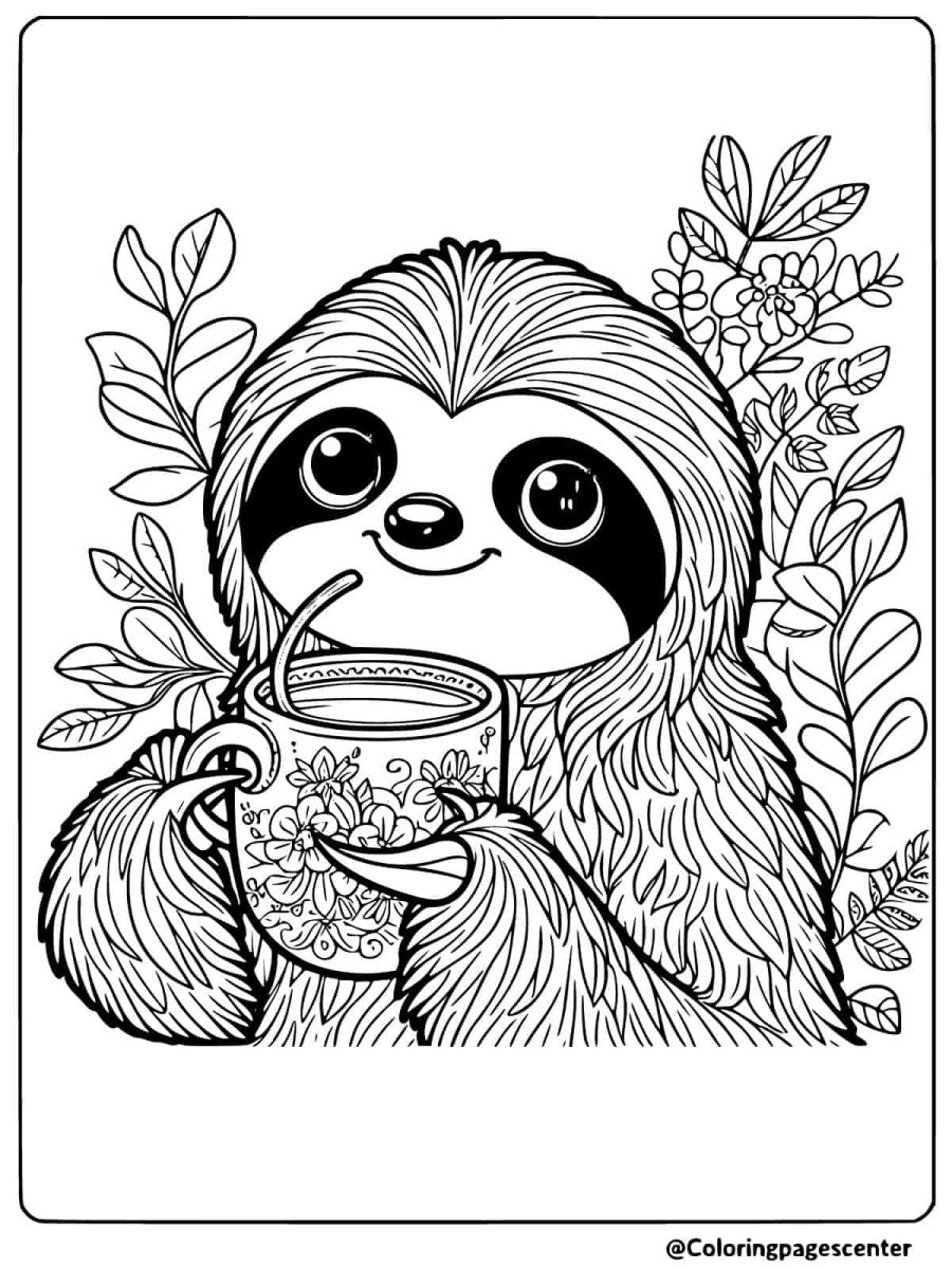 Sloth sipping tea surrounded by flowers coloring page