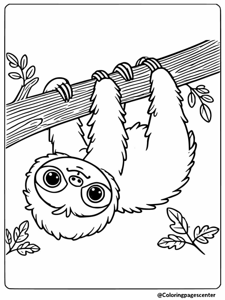 Sloth hanging upside down from a tree coloring page