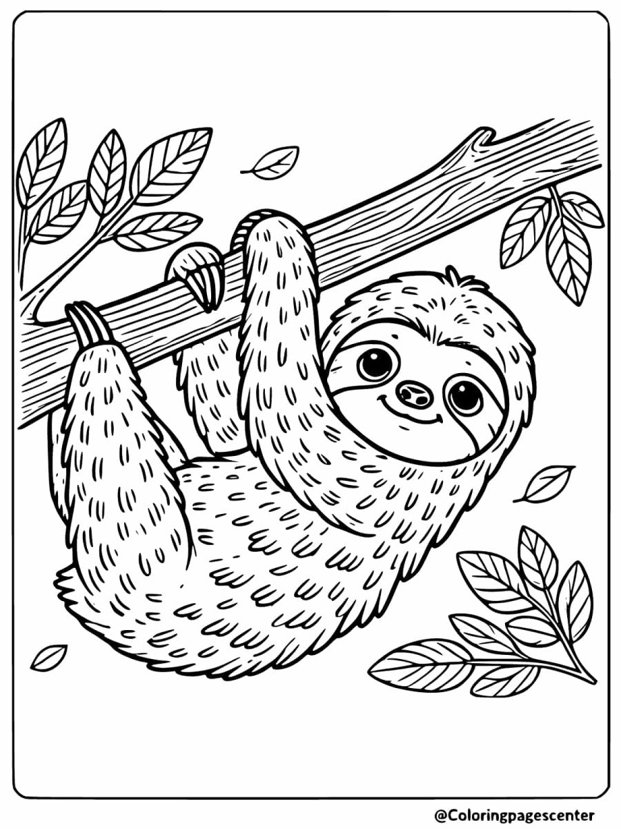 Sloth hanging from a tree branch with leaves coloring page