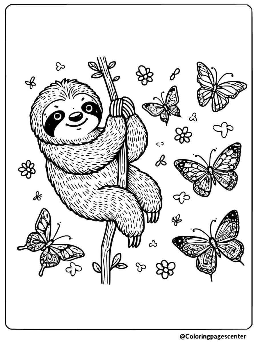 Sloth clinging to a branch with butterflies coloring page