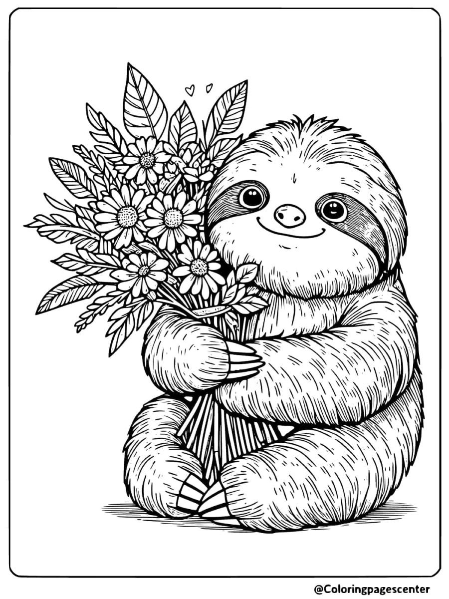 Sloth holding a large bouquet of flowers coloring page