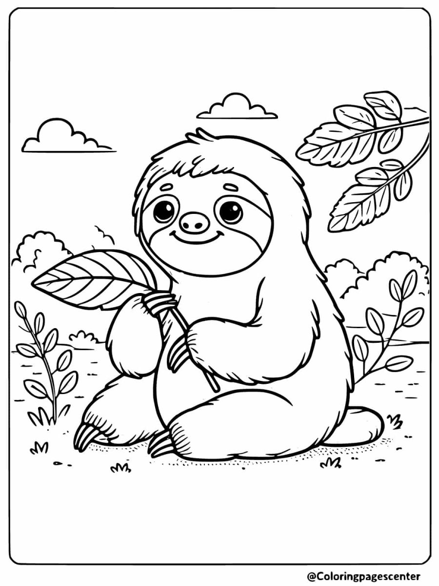 Sloth sitting with a leaf in hand coloring page