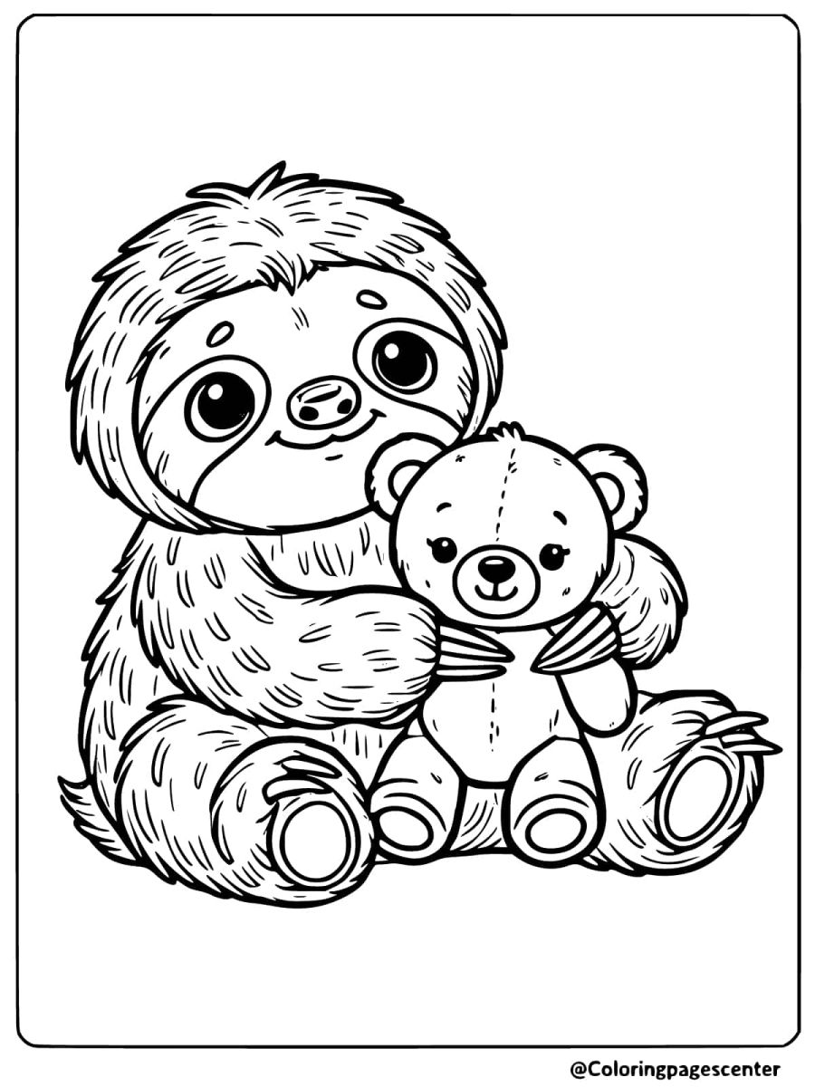 Sloth hugging a teddy bear coloring page