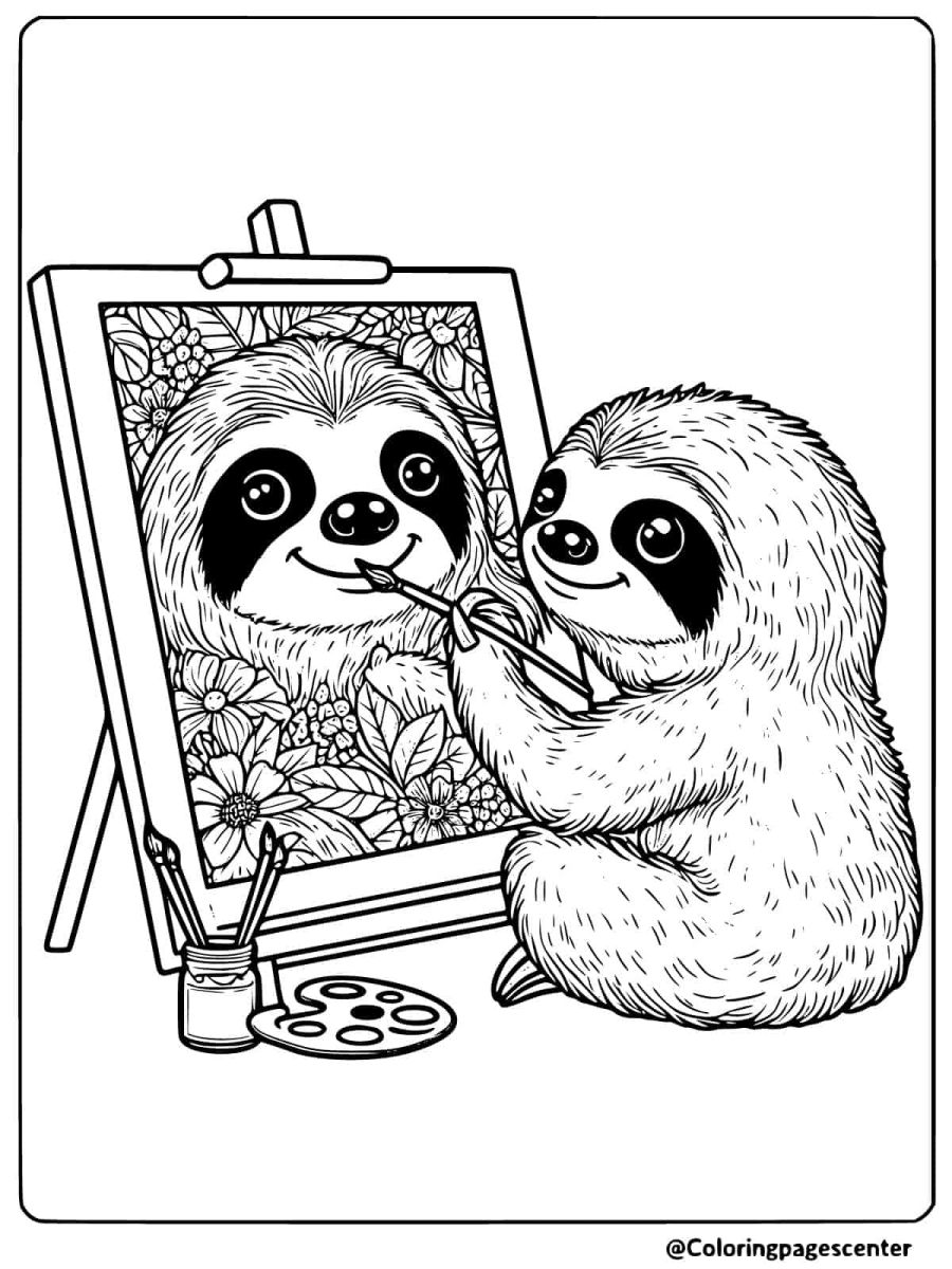 Sloth artist painting its reflection coloring page