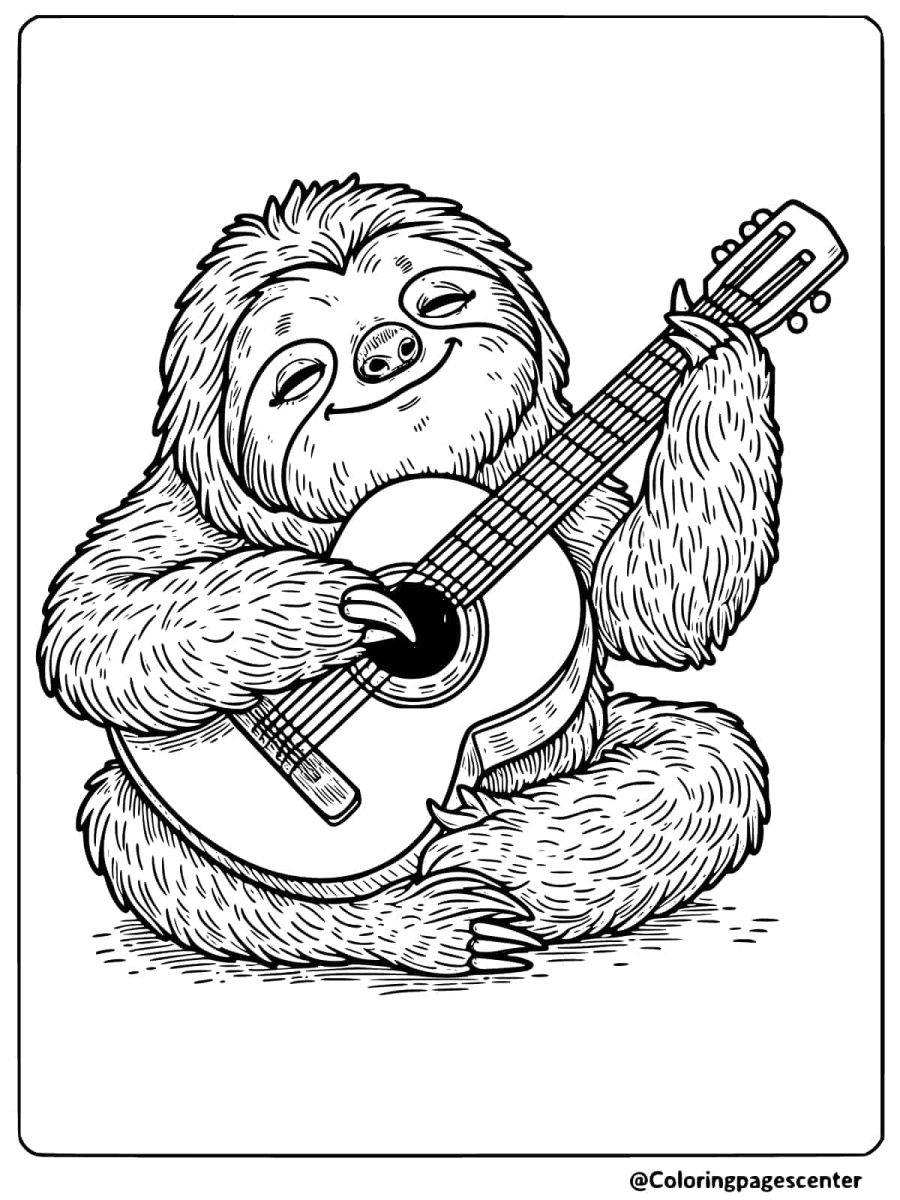 Sloth playing a guitar with a smile coloring page