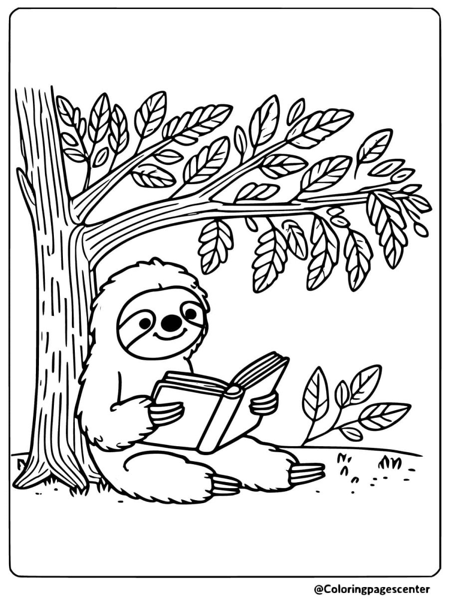 Sloth reading a book under a tree coloring page