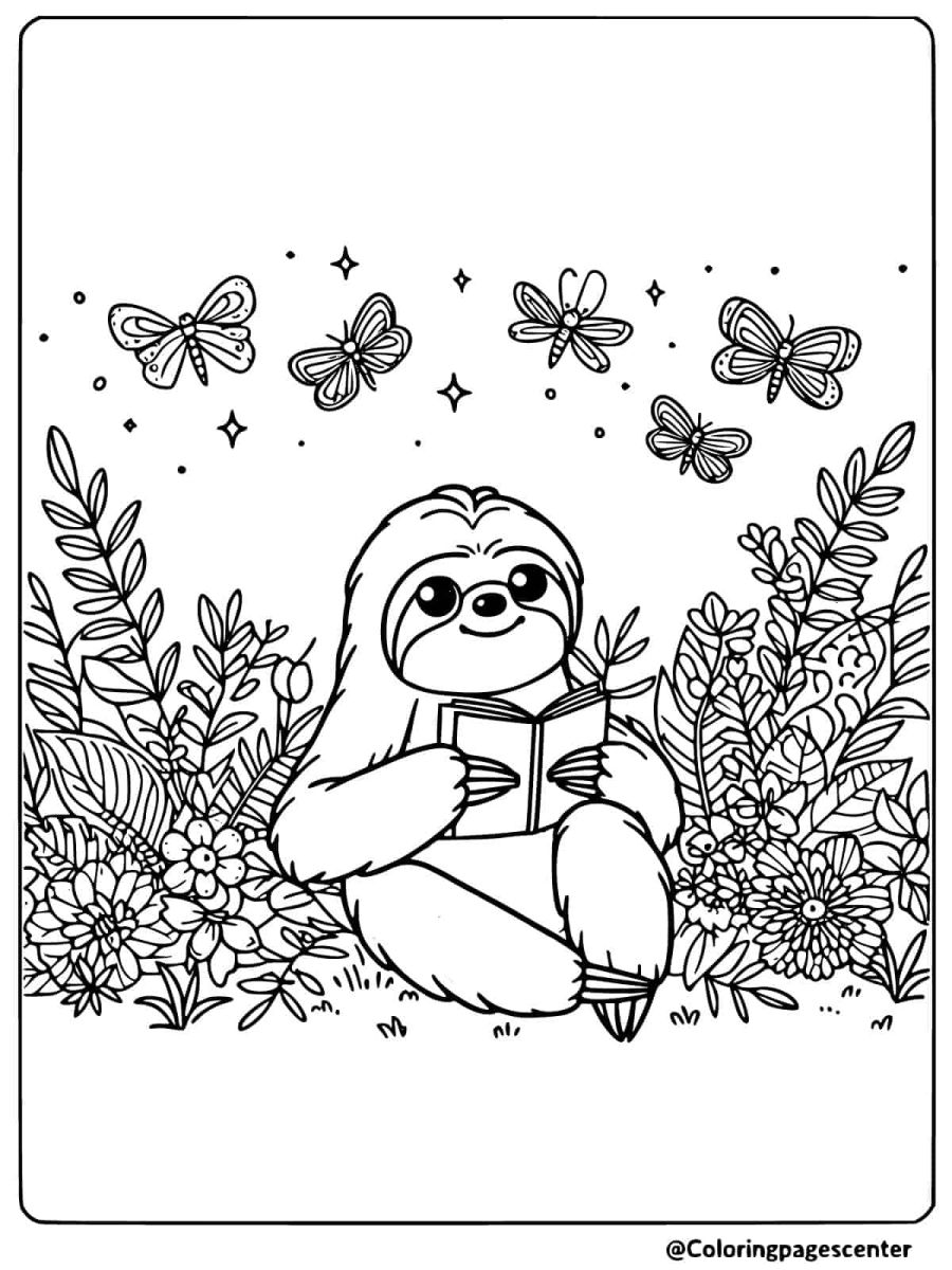 Sloth reading a book surrounded by butterflies coloring page