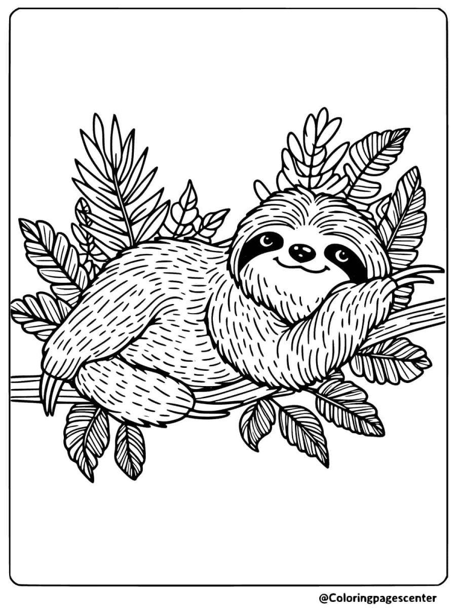 Sloth relaxing among leaves coloring page