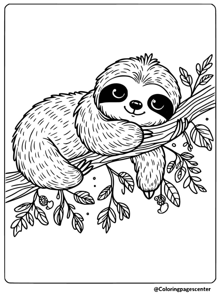 Sloth resting on a branch with leaves coloring page