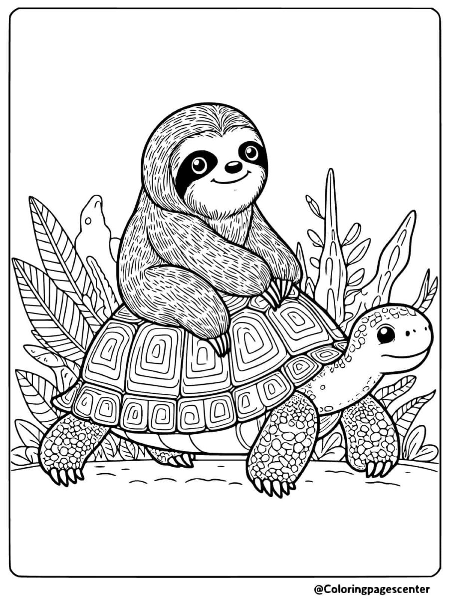 Sloth sitting on a turtle’s back coloring page