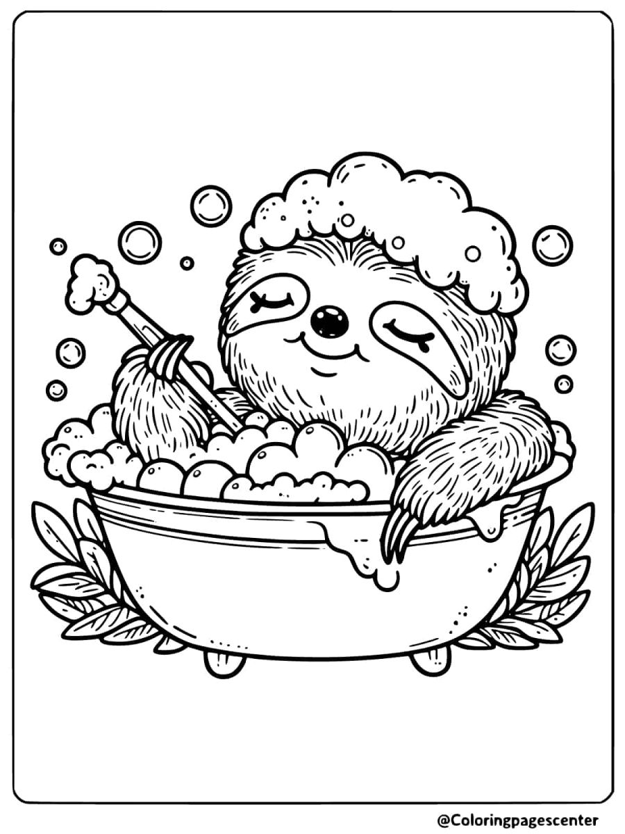 Sloth enjoying a bubble bath coloring page