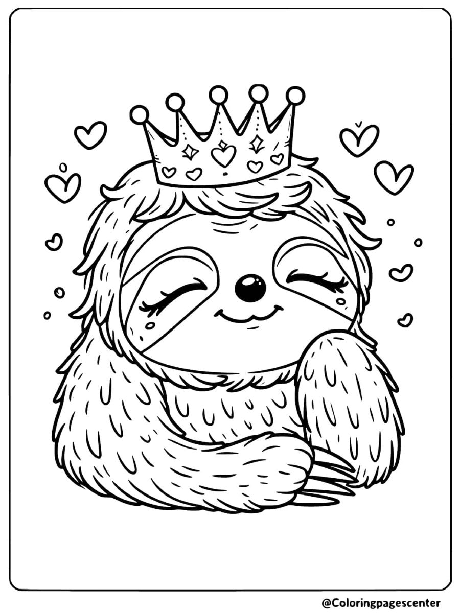 Sloth with a crown looking content coloring page