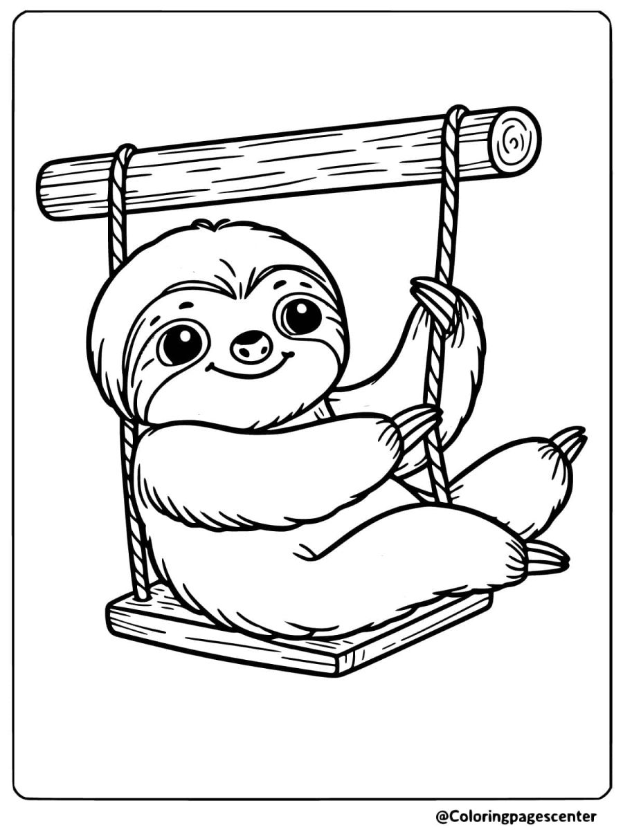 Happy sloth on a swing coloring page