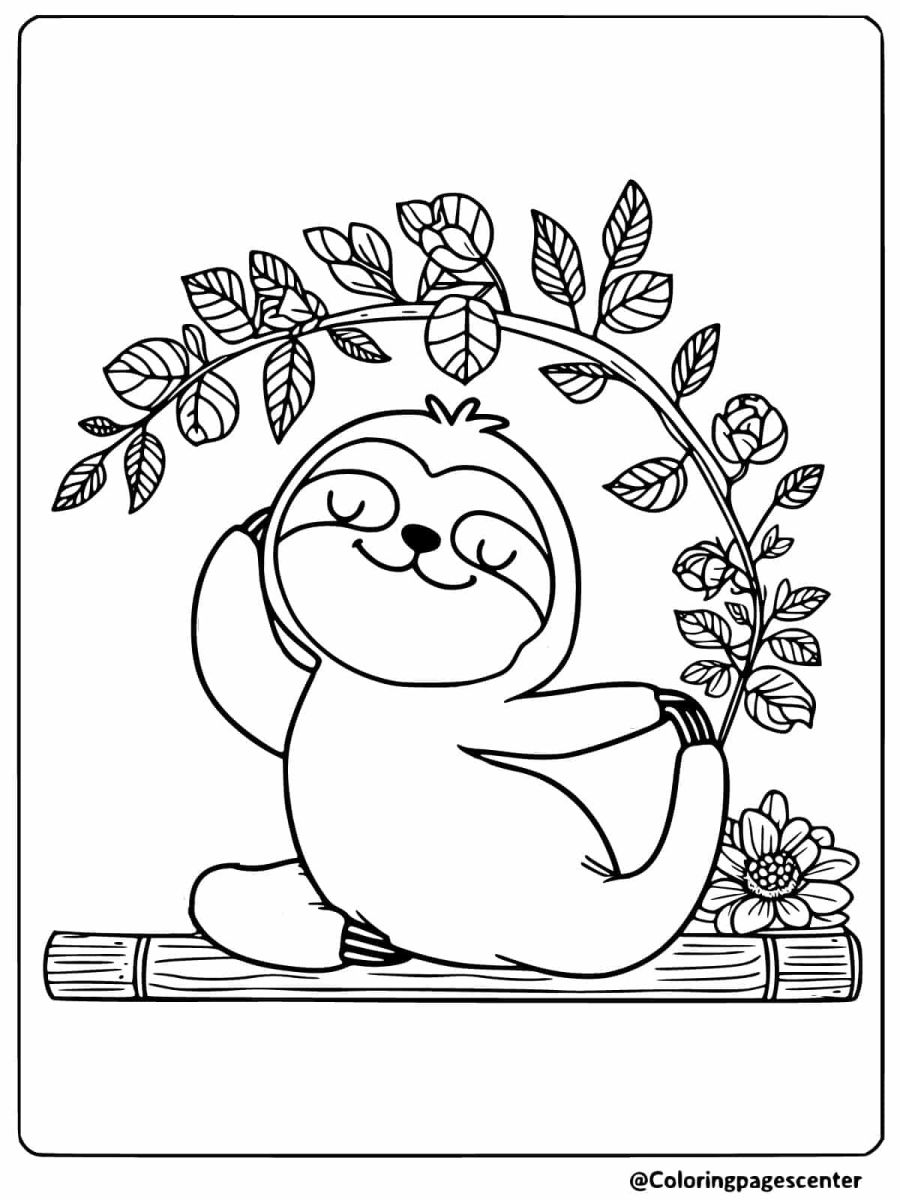 Sloth in a yoga pose with flowers coloring page